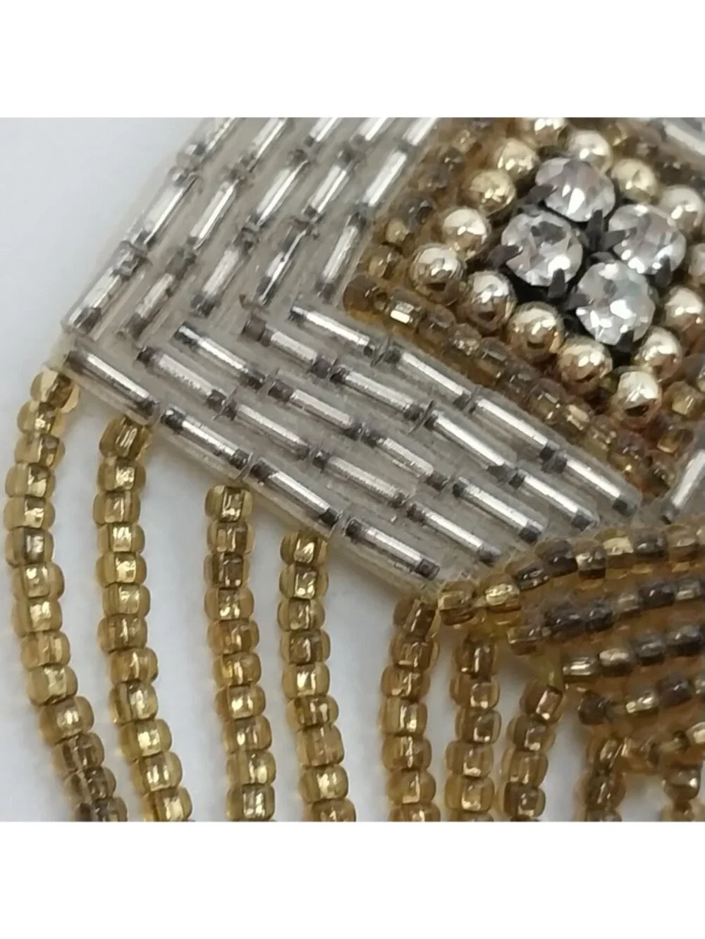 Artisan Made Vintage Beaded Rhinestone Dangling Brooch Fringe Gold Silver